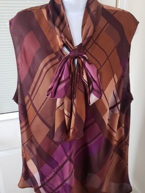 Nine West, Sleeveless Brown & Purple Geometric Tie-Neck Top, Size 24